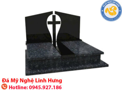 mộ đá granite đôi công giáo - biểu tượng thấp giá đối xứng