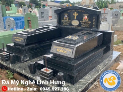 lăng mộ đôi công giáo bằng đá granite đen nguyên khối