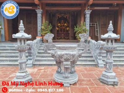 lư hương đá xanh chạm rồng tai mây phong thủy