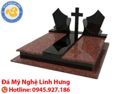 mộ đá đôi công giáo hiện đại - mộ đá granite đỏ ruby hình khiên