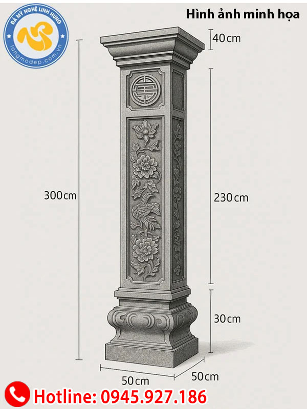 cột đá xanh rêu nguyên khối - mẫu cột đá chạm hoa văn