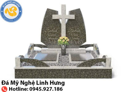 mộ đá đôi granite công giáo - mẫu mộ đá có thánh giá trung tâm