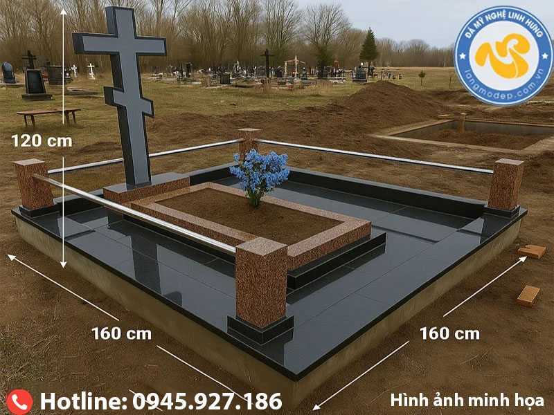 mộ đá granite công giáo hiện đại - mẫu mộ đá có lan can