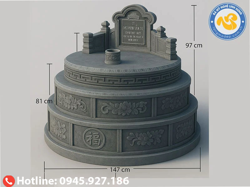 mộ đá tròn nguyên khối - mẫu mộ tròn ba cấp phong thủy
