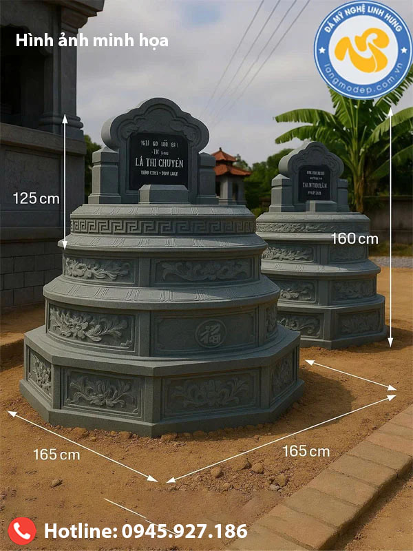 mộ đá tròn nhiều tầng nguyên khối - mẫu mộ đá chạm khắc cổ điển