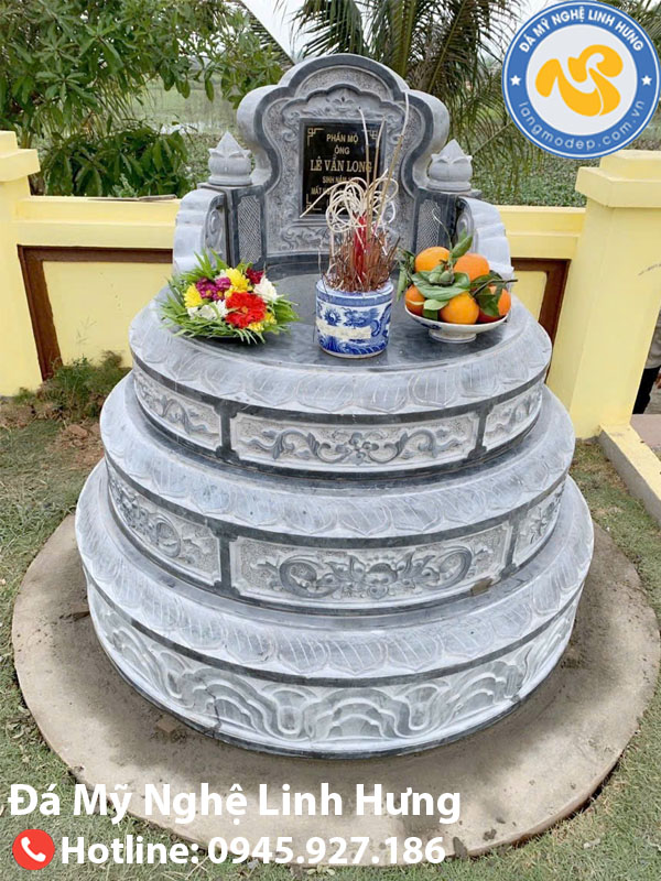 mộ đá tròn xanh rêu ba tầng - mẫu mộ đá chạm hoa văn truyền thống mộ đá tròn xanh rêu ba tầng - mẫu mộ đá chạm hoa văn truyền thống