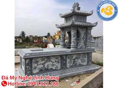 mộ đá xanh đen nguyên khối - mẫu mộ mái đao chạm hoa văn