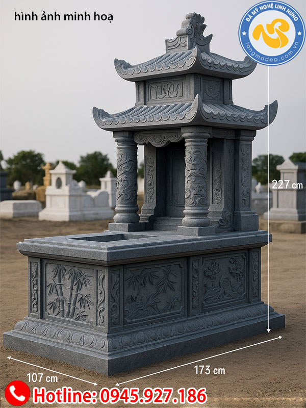 mộ đá xanh đen nguyên khối - mẫu mộ mái đao chạm hoa văn