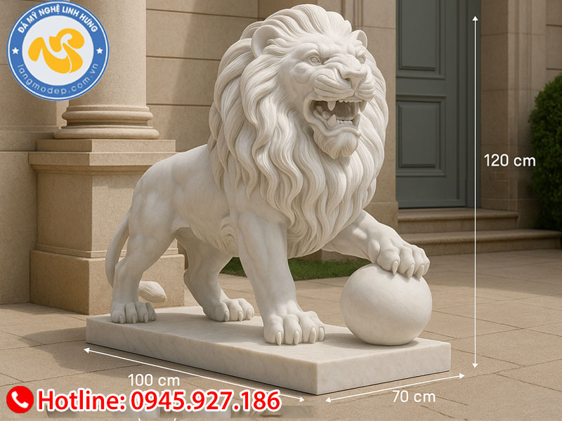 tượng đá sư tử cẩm thạch tự nhiên - mẫu đứng chân đặt quả cầu